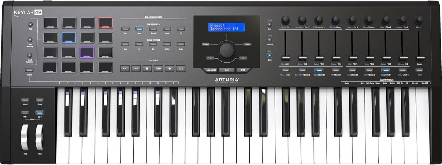 Arturia KeyLab 49 MkII Black USB MIDI Controller with included sustain pedal and polishing cloth.