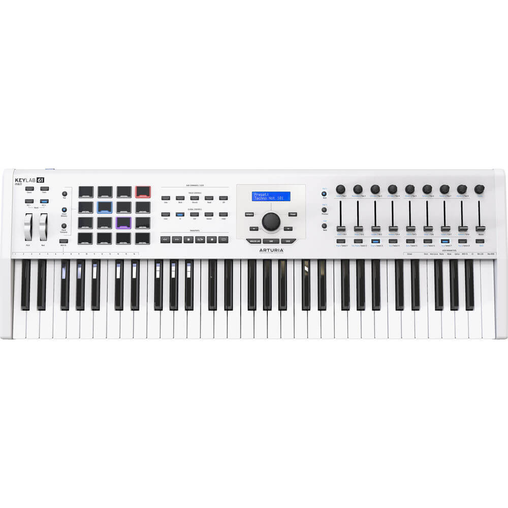 Arturia KeyLab 61 MKII White USB MIDI Controller, a professional keyboard with software package, displayed in a studio setting.