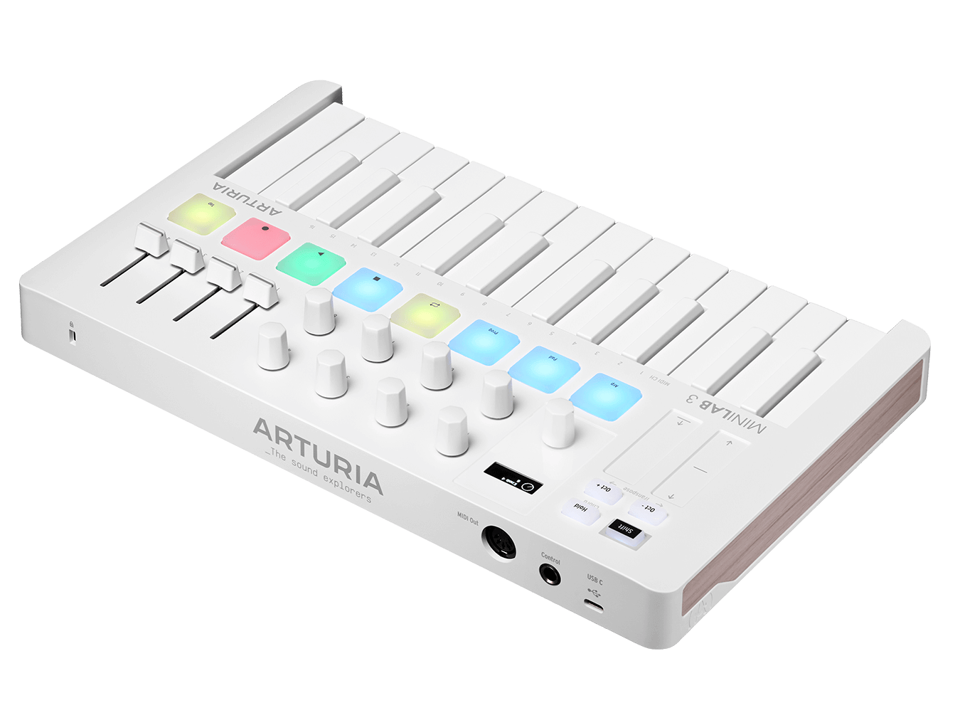 Arturia MiniLab MKIII in Alpine White, a 25-key USB MIDI controller featuring RGB pads and faders.