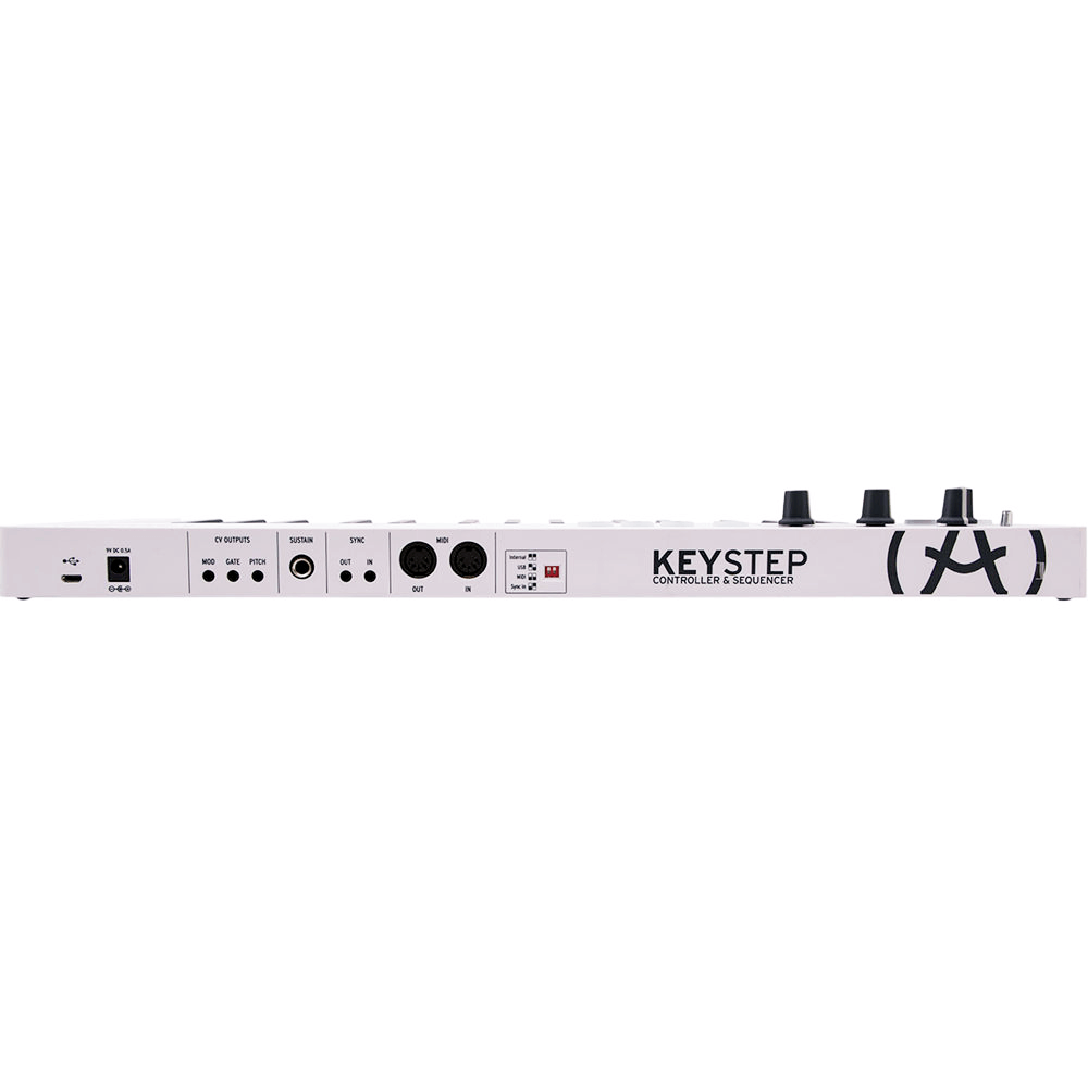Arturia KeyStep 32-Key USB MIDI Controller and Sequencer showing the rear view of the compact keyboard with polyphonic sequencing capabilities.