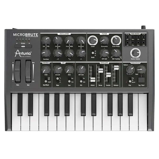 Arturia MicroBrute 25-Note Mini-Key Analog Synthesizer featuring a monophonic design, Steiner-Parker filter, and step sequencer.