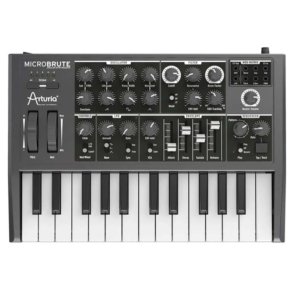 Arturia MicroBrute 25-Note Mini-Key Analog Synthesizer featuring a monophonic design, Steiner-Parker filter, and integrated step sequencer.