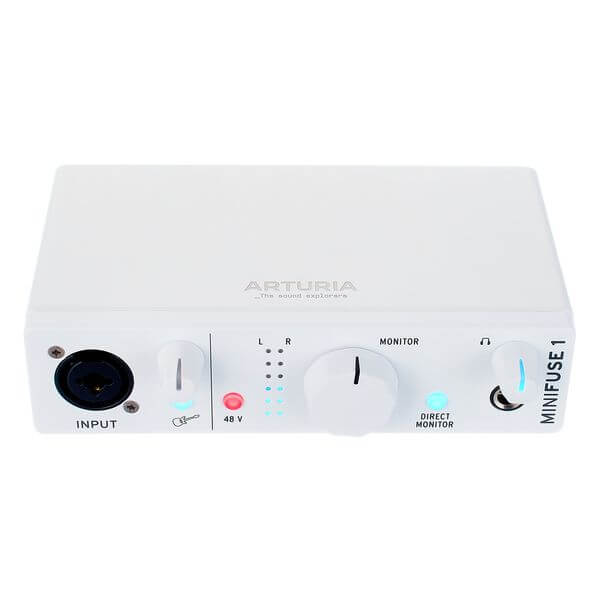 Arturia MiniFuse 1 White, a compact 1x2 USB audio interface featuring a USB-C connection.