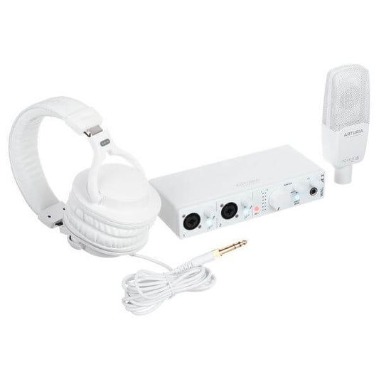 Arturia MiniFuse Recording Pack including CM1 Microphone, EF1 Headphones, and software, displayed in white color.