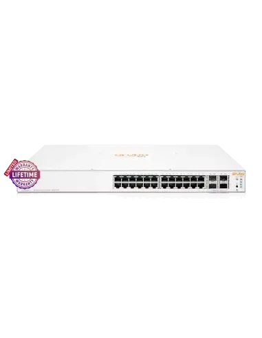 HPE Instant On 1930 24-Port Gb PoE Switch with 195W power capacity, featuring multiple ports for network connectivity.