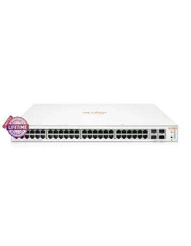 HPE Instant On 1930 48-Port Gb PoE Switch with 370W power supply, featuring multiple Ethernet ports.