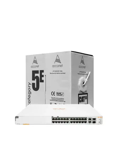 HPE promotional image showcasing the 1930 24G 370W Switch with a free Acconet CAT5 cable.
