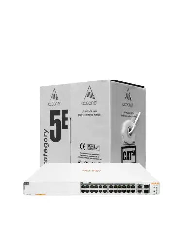 HPE promotional image for the 1930 24G 370W Switch with a free Acconet CAT5 cable.