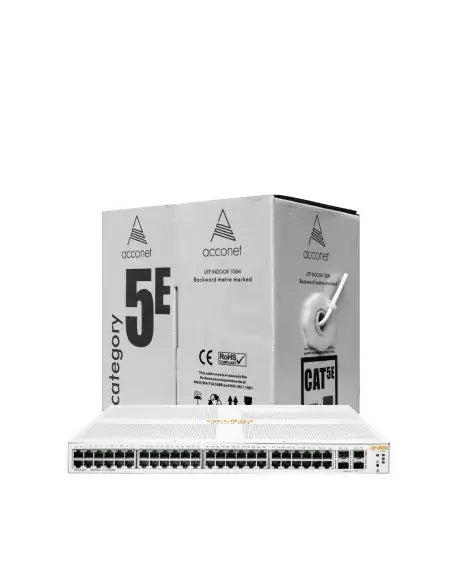Promotional image for HPE 1930 48G Switch with a free Acconet CAT5-100 cable.
