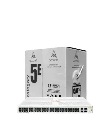 HPE promotional image for the 1930 48G 370W Switch with a complimentary Acconet CAT5 cable.