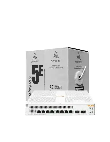 HPE promotional image showcasing the purchase of a 1930 8G 124W Switch with a complimentary Acconet CAT5-100 cable.