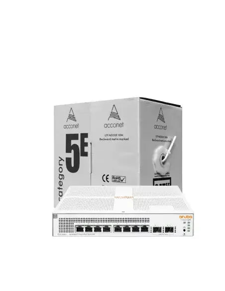 HPE promotional image showcasing the 1930 8G 124W Switch with a free Acconet CAT5-100 cable.
