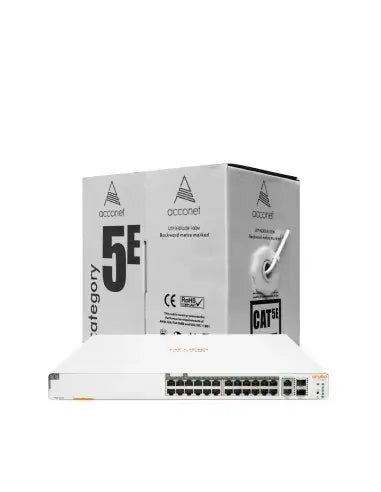 HPE promotional image featuring the ARU-IO-SW196024G-370W product with a free Acconet CAT5-100 cable.