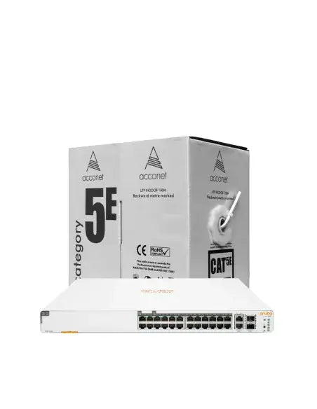 HPE promotional image showing ARU-IO-SW196024G-370W product with a free Acconet CAT5-100 cable.