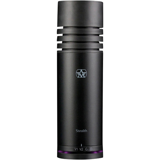 Aston Stealth Active Dynamic Broadcast Microphone showcasing its sleek design and multiple voice options.