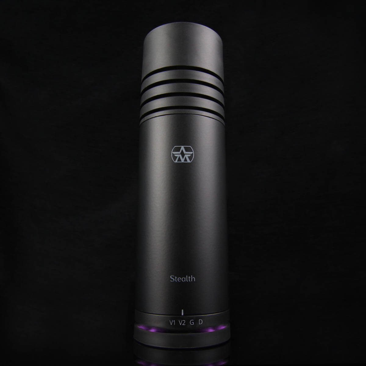 Aston Stealth Active Dynamic Broadcast Microphone showcasing its sleek design and versatility with 4 different voice settings.