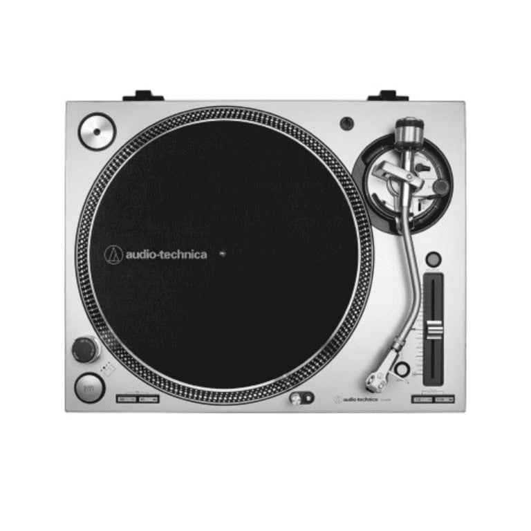 Audio-Technica AT-LP140XPSVE Professional Direct-Drive DJ Turntable in silver color, showcasing its sleek design and high torque features.