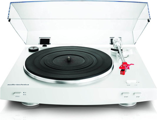Audio-Technica AT-LP3WH Advanced Fully Automatic Belt-Drive Stereo Turntable in white color, showcasing its sleek design and features.