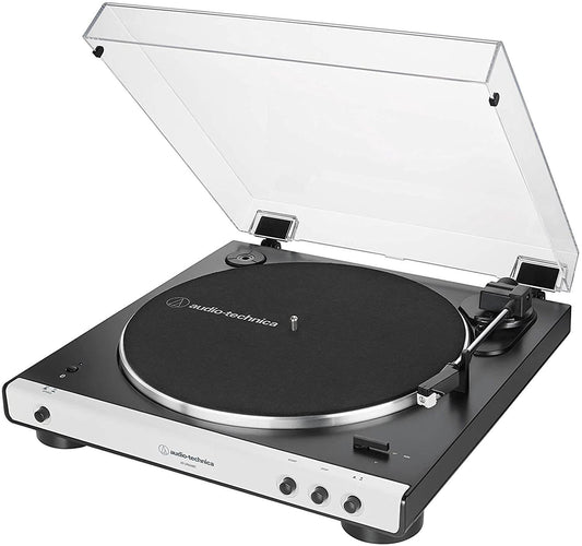 Audio-Technica AT-LP60XBTWH fully automatic wireless belt-drive stereo turntable in white color.