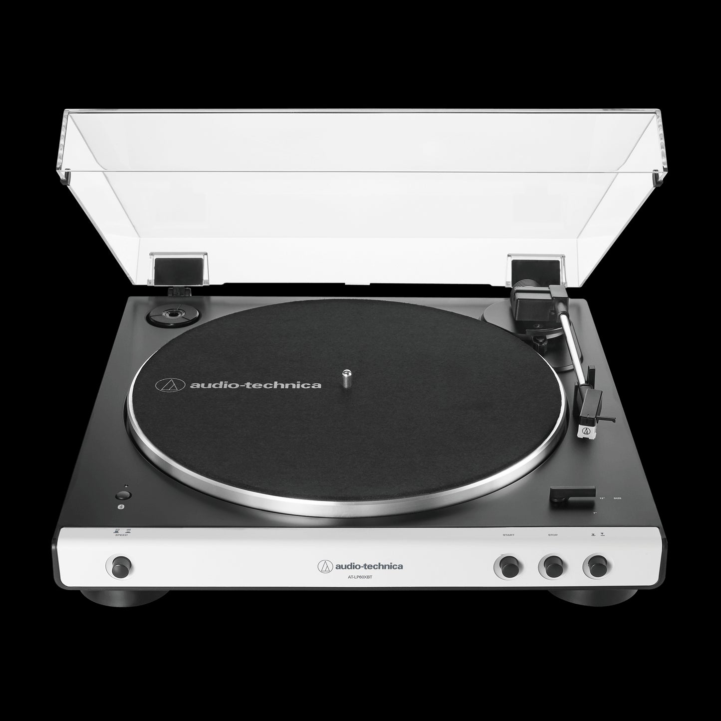 Audio-Technica AT-LP60XBTWH fully automatic wireless belt-drive stereo turntable in white color.