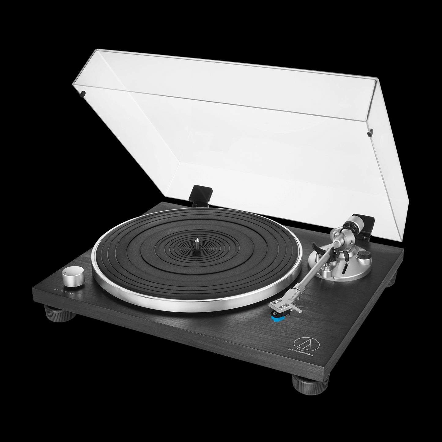 Audio-Technica AT-LPW30BK fully manual belt-drive turntable with straight tonearm in black color.