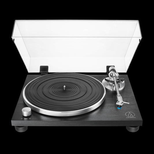 Audio-Technica AT-LPW30BK fully manual belt-drive turntable with straight tonearm in black color.