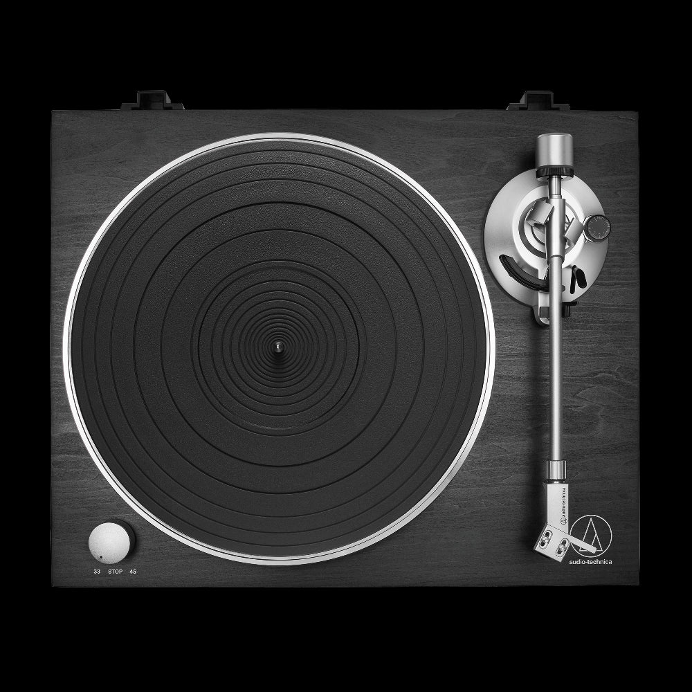Audio-Technica AT-LPW30BK fully manual belt-drive turntable with straight tonearm in black color.