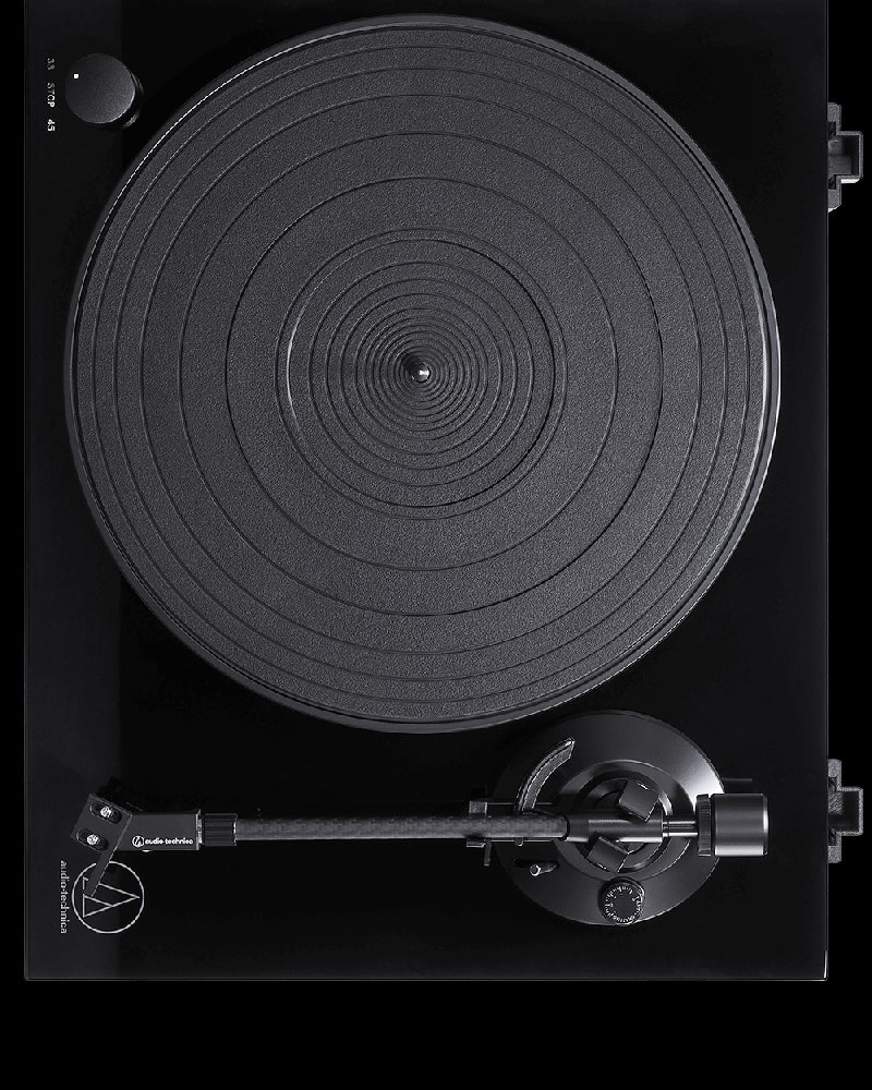 Audio-Technica AT-LPW50PB High-Performance Belt-Drive Turntable with AT-VM95E Cartridge viewed from the top.
