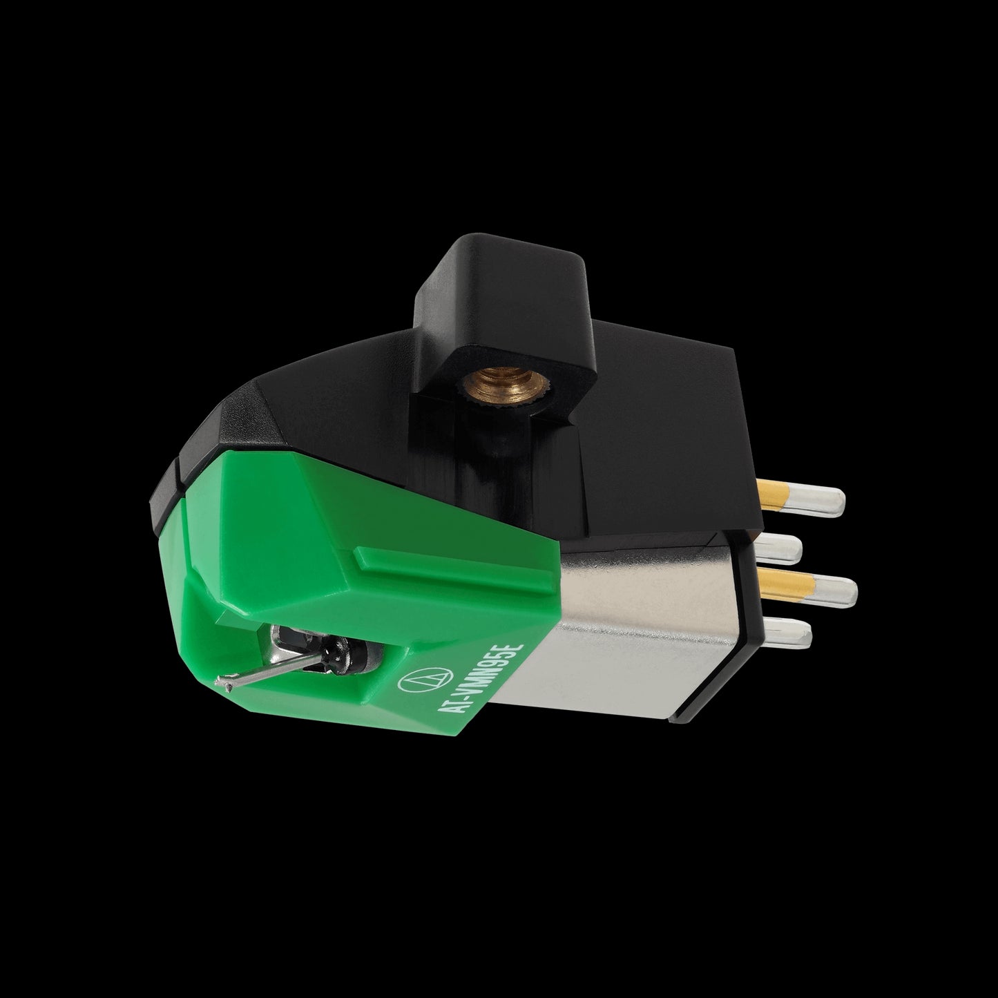 Audio-Technica AT-VM95E Cartridge with Elliptical Stylus displayed on a white background.