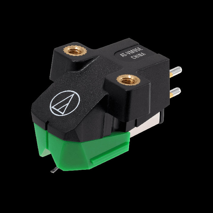 Audio-Technica AT-VM95E cartridge with elliptical stylus on a white background.