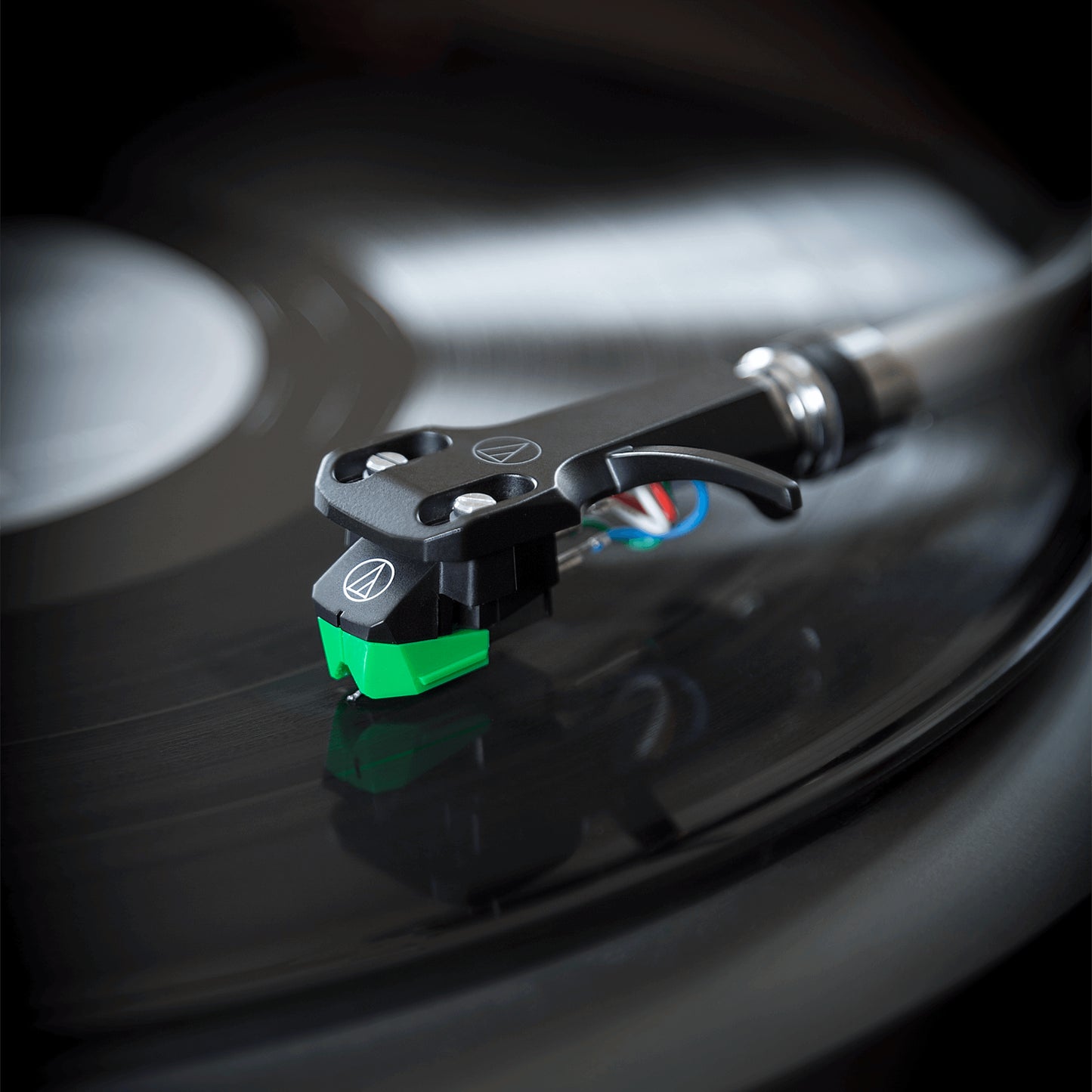 Audio-Technica AT-VM95E cartridge featuring an elliptical stylus, suitable for high-fidelity audio playback.