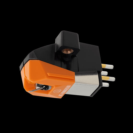 Audio-Technica AT-VM95EN cartridge with nude elliptical stylus displayed on a white background.