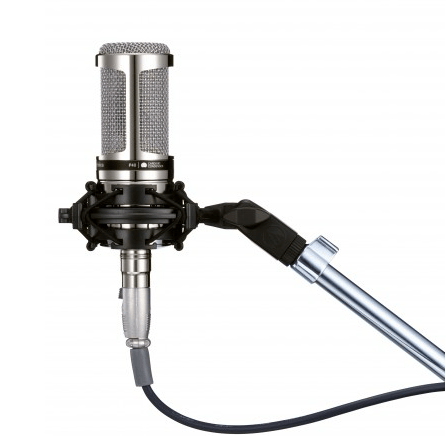 Audio-Technica AT2020 Limited Edition Cardioid Condenser Microphone for professional sound recording on a shock mount from the side