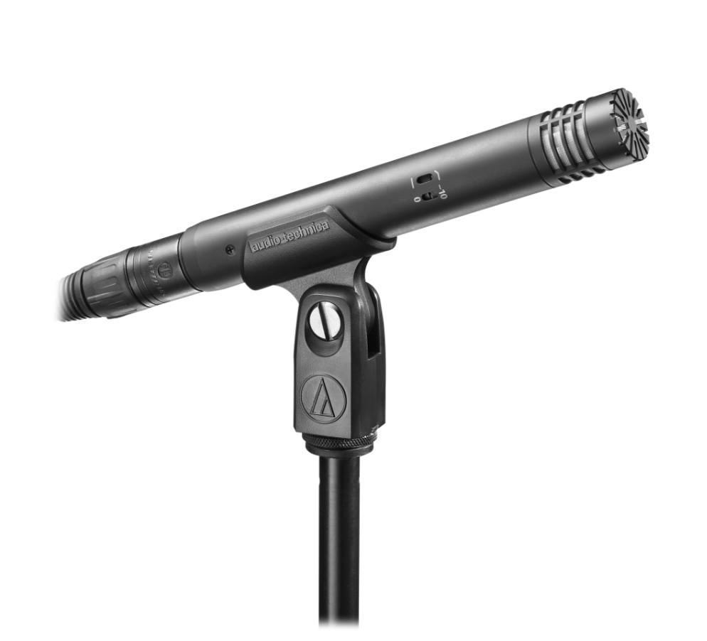 Audio-Technica AT4021 Cardioid Condenser Microphone for studio and stage on a microphone stand