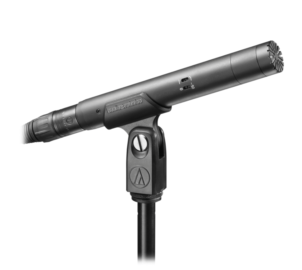 Audio-Technica AT4022 Omnidirectional Condenser Microphone for studio and live applications on a microphone stand