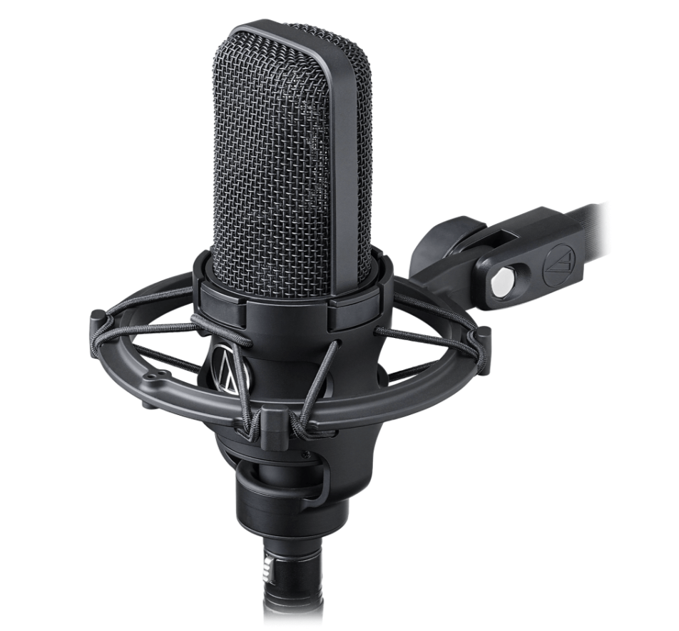 Audio-Technica AT4040 Cardioid Condenser Microphone for studio and live applications on a shock mount