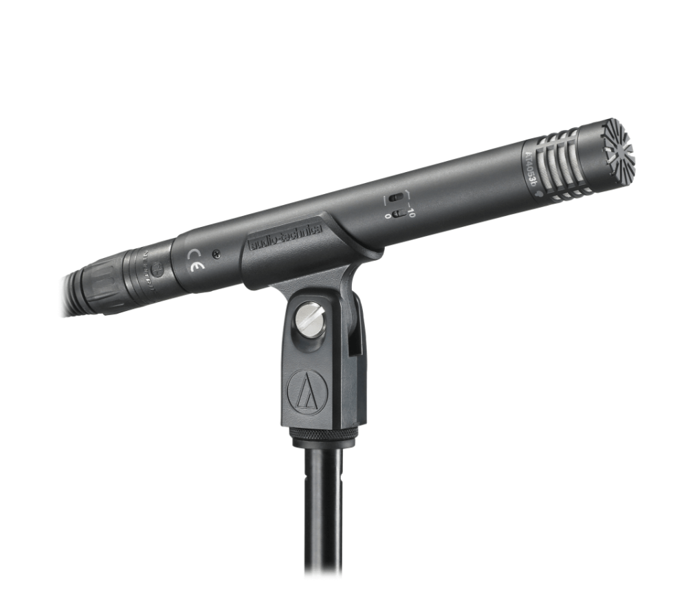 Audio-Technica AT4053b Hypercardioid Condenser Microphone for professional studio and live use on a microphone stand