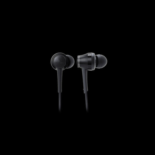 Audio-Technica ATH-CKR70iSBK Sound Reality In-Ear High-Resolution Headphones in black color with in-line mic and control.