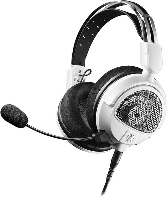 Audio-Technica ATH-GDL3WH open-back high-fidelity gaming headset in white color, showcasing its design and features.