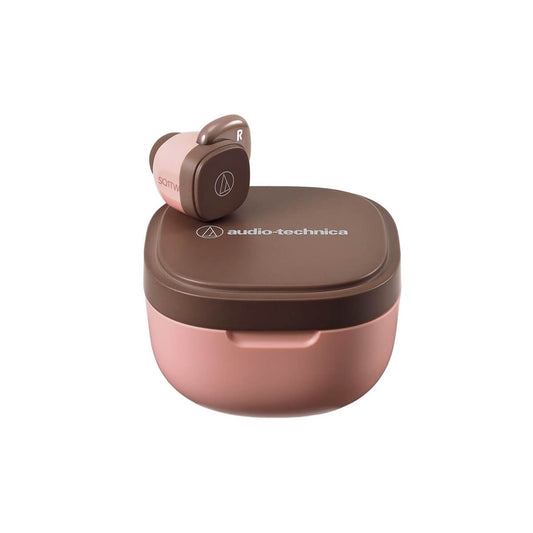 Audio-Technica ATH-SQ1TW True Wireless Earbuds in brown and pink, designed for music, movies, and gaming.