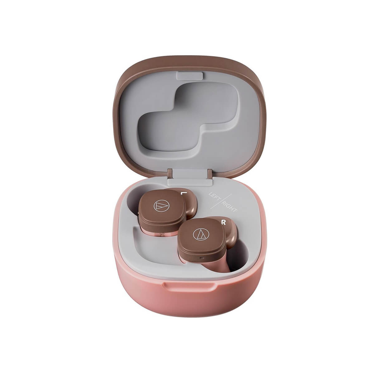 Audio-Technica ATH-SQ1TW True Wireless Earbuds in brown and pink, suitable for music, movies, and gaming.