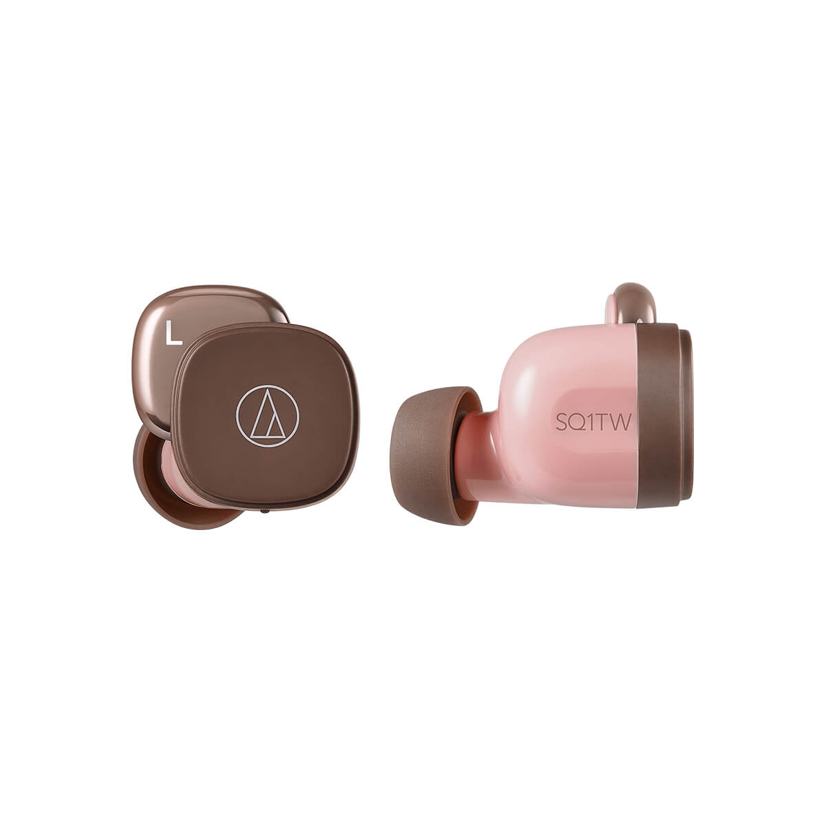Audio-Technica ATH-SQ1TW True Wireless Earbuds in brown and pink, suitable for music, movies, and gaming.