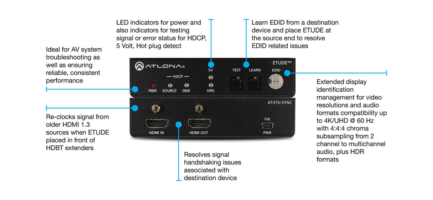Image of the Atlona EDID Emulator designed for 4K HDR HDMI signals, showcasing its features and capabilities.