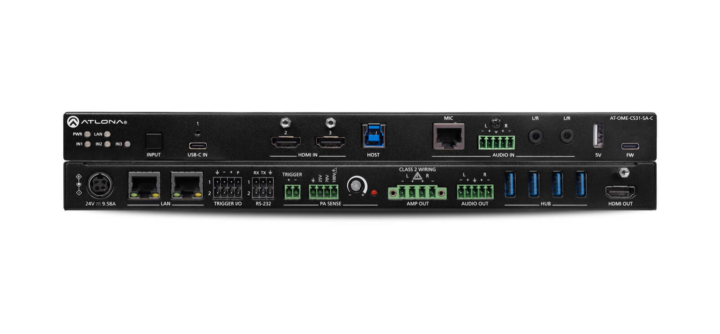 Atlona Gain 120 Power Amplifier designed for low and high impedance applications, featuring 4/8 Ohm outputs and 70V/100V compatibility.