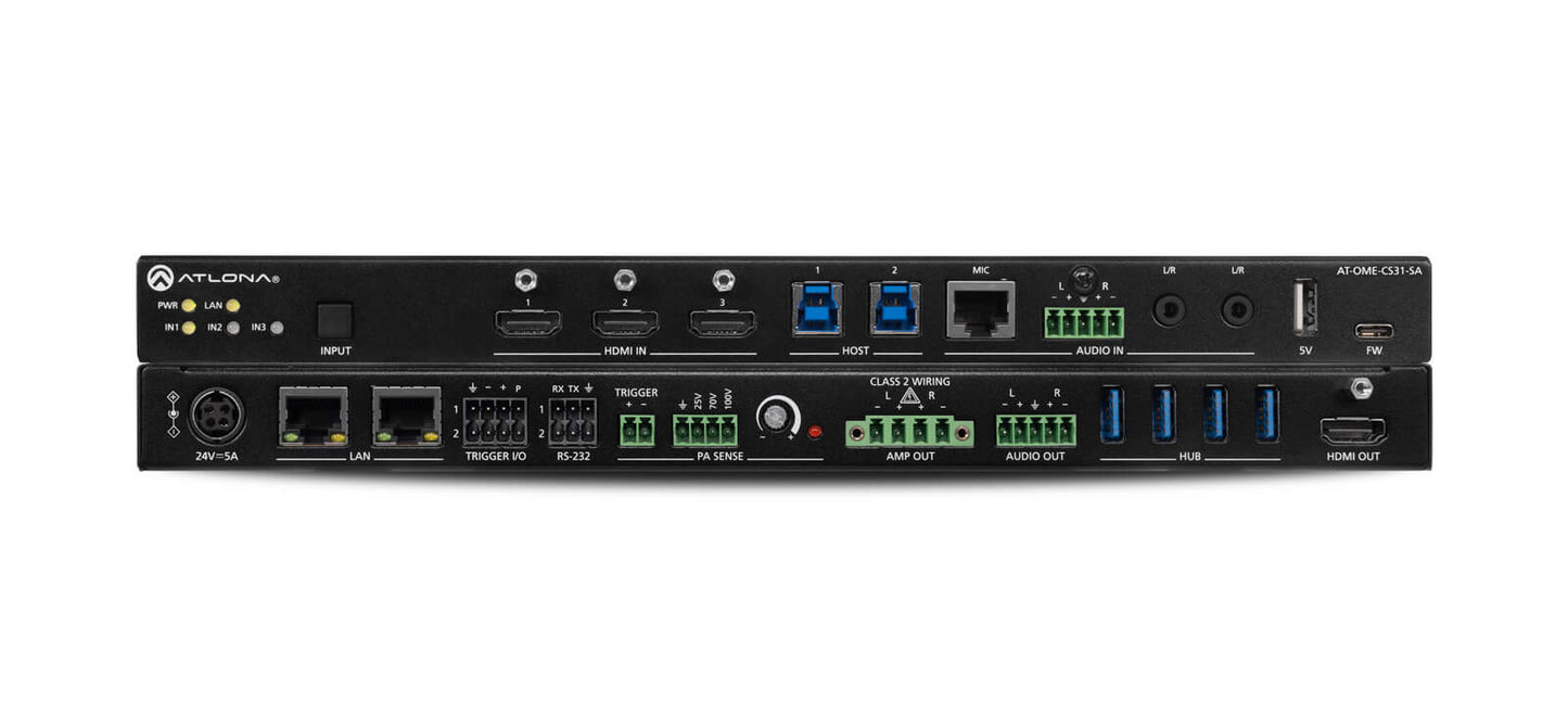 Atlona Gain 120 Power Amplifier designed for low and high impedance applications, featuring 4/8 Ohm and 70V/100V outputs.