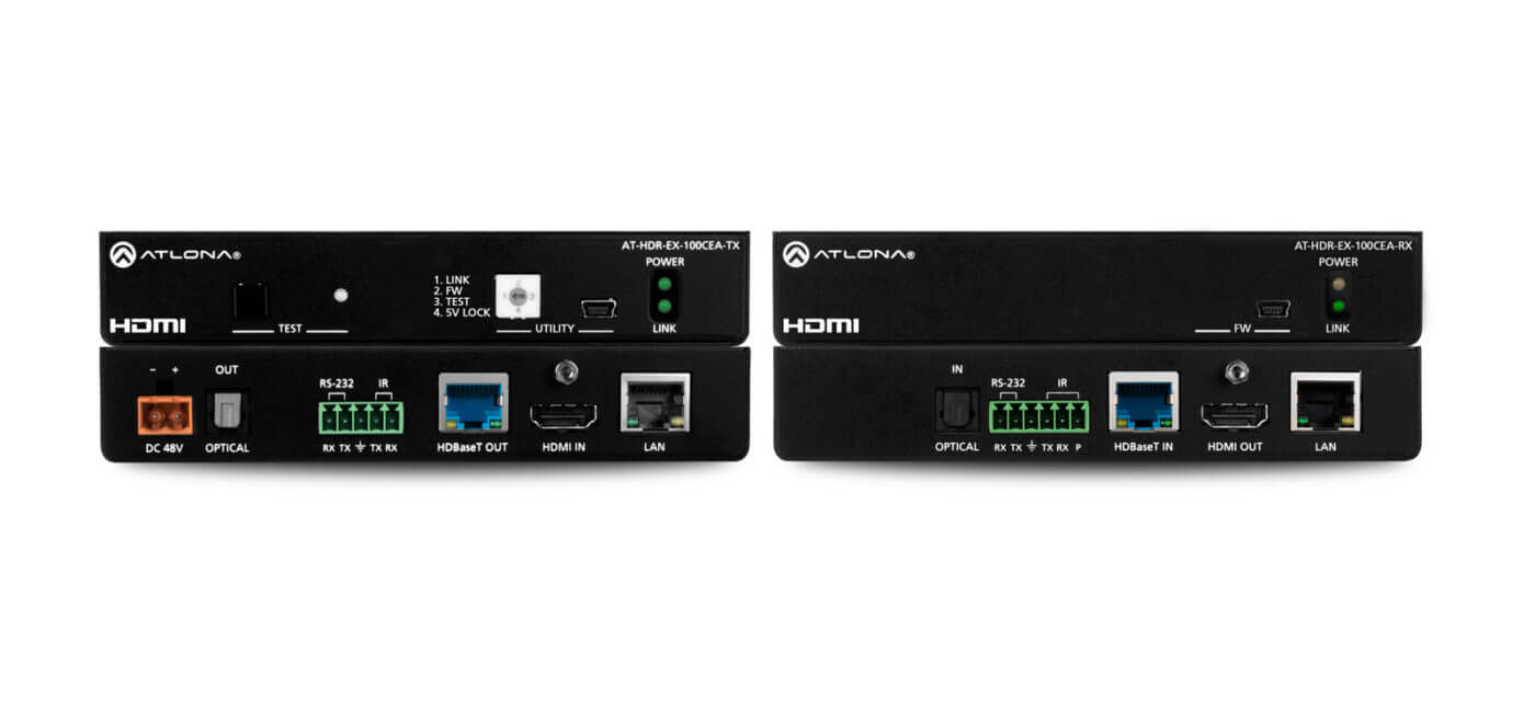 Atlona 4K HDR Transmitter and Receiver Set with IR, RS-232, Ethernet, and PoE displayed on a white background.
