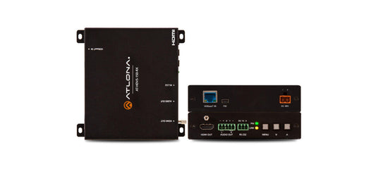 Atlona HDBaseT Scaler with HDMI and Analog Audio Outputs, showcasing the device design and connectivity options.