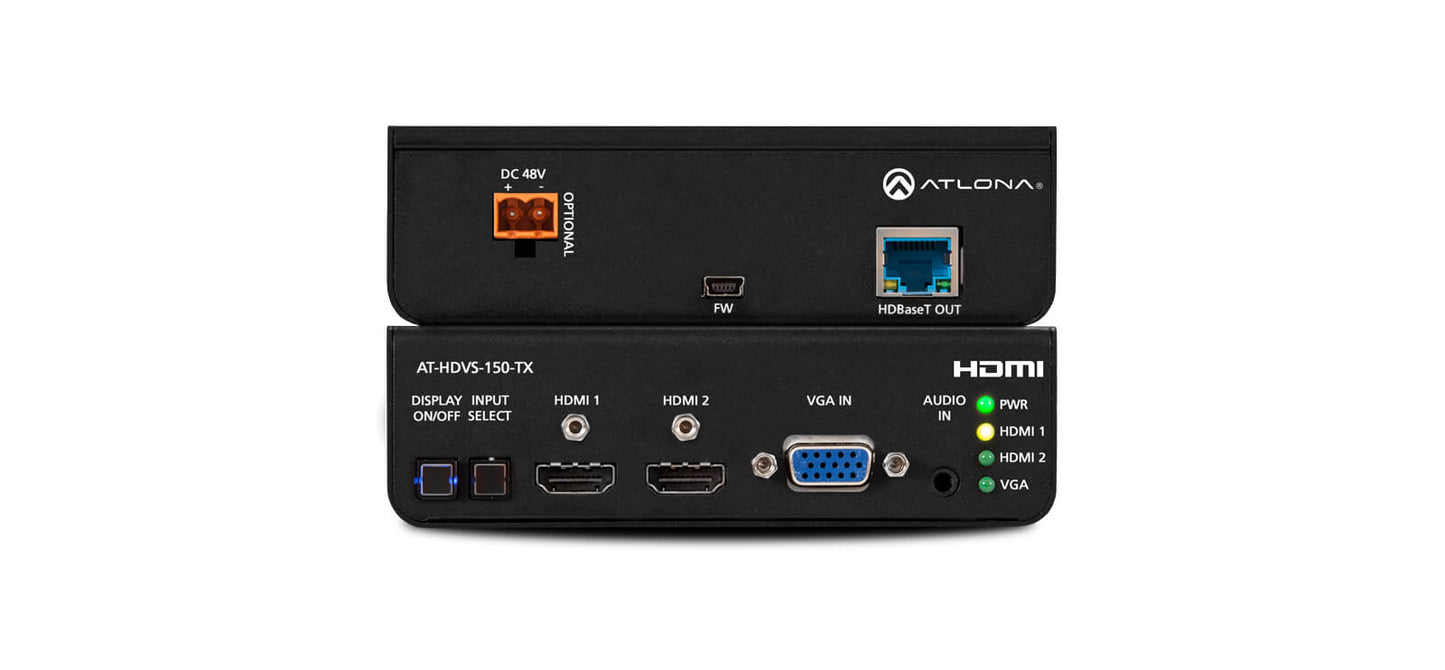 Atlona HDVS-150-TX-PSK Three-Input HDBaseT Transmitter with VGA and HDMI connections for projectors.