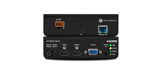 Atlona dual HDMI and VGA/audio to HDBaseT switcher, showcasing its sleek design and connectivity options.