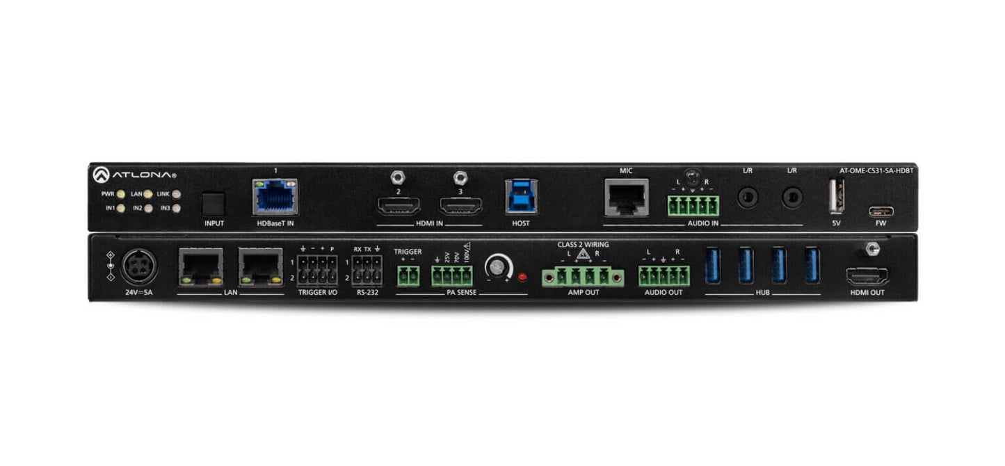 Atlona AT-OME-CS31-SA-HDBT 3x1 HDMI/HDBaseT video switcher featuring an audio mixer and USB hub.
